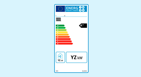 Label for a new heater providing information on energy efficiency, noise level and rated output