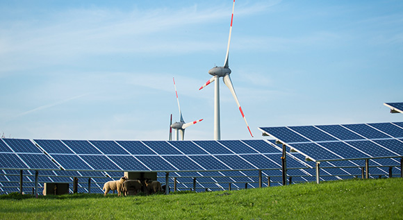 Wind turbines and solar panels with a meadow and sheep in the foreground.
