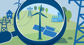 Illustration: Erneuerbare Energien und Stromnetz unter einer Lupe