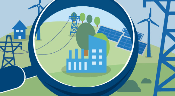 Illustration: Erneuerbare Energien, Stromnetz und Fabrikgebäude unter einer Lupe