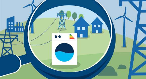 Illustration zeigt Waschmaschine unter einer Lupe.