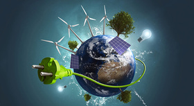 Illustration: Globe covered with renewables and a giant green cable and plug.