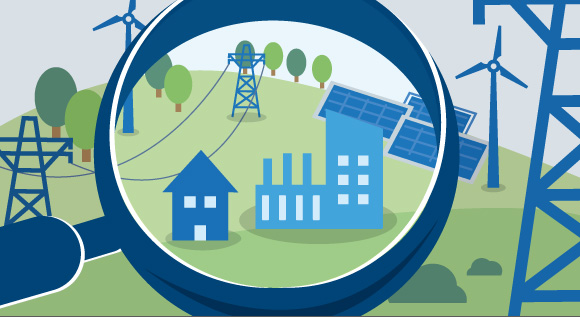 Illustration shows renewable energies, a factory and a residential building seen through a magnifying glass