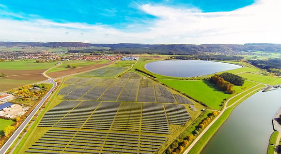 A field with solar panels.
