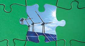 Windräder und Photovoltaikanlage als Puzzleteil