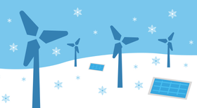 Illustration mit Windrädern und Solaranlagen im Schnee
